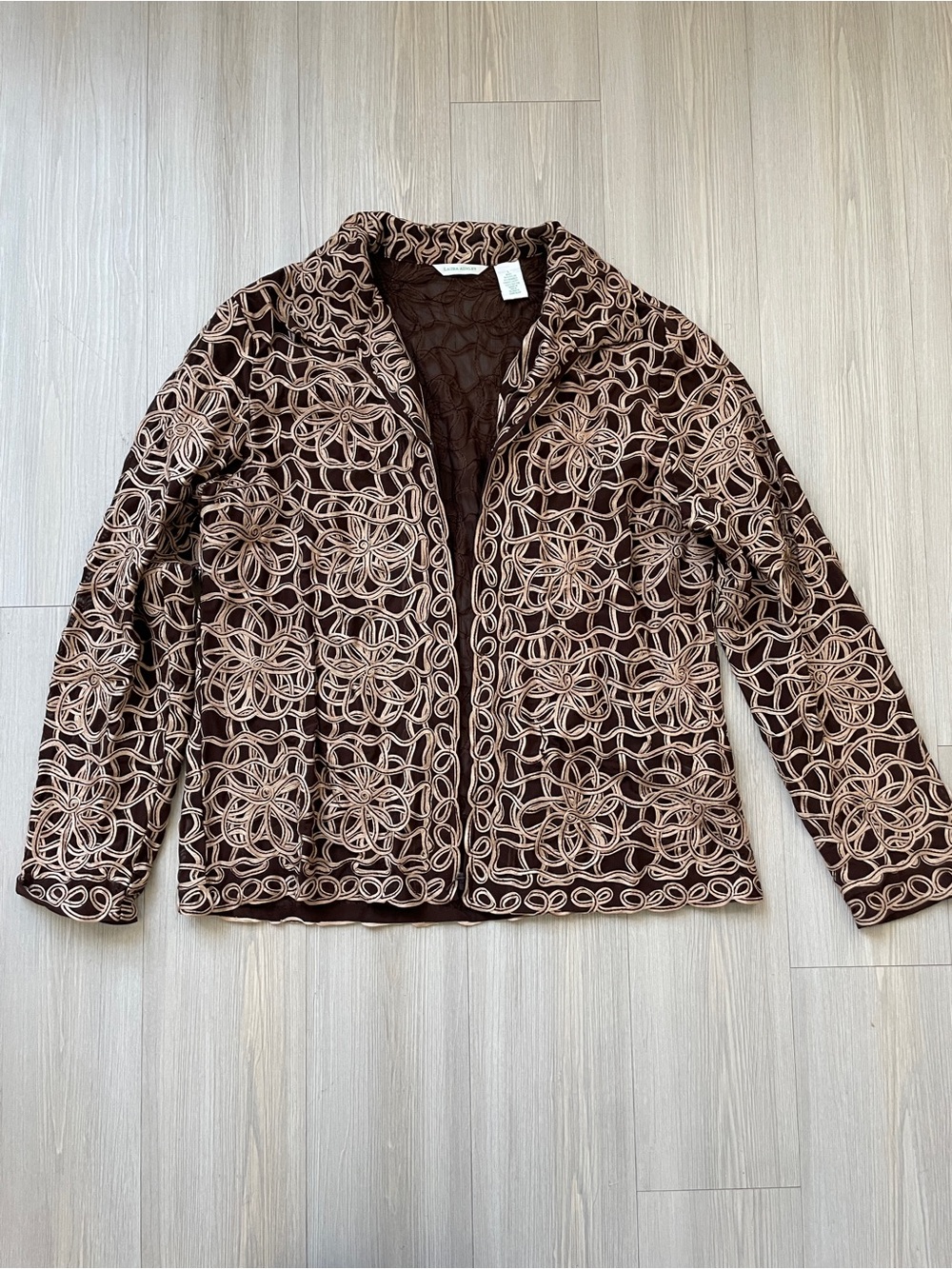 Laura Ashley VTG Brown Jacket with Cream Embroidery Sheer Zip